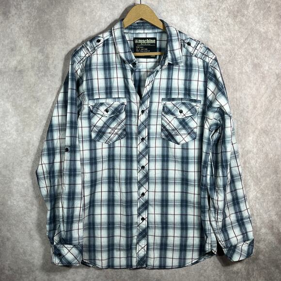 Machine Shirt Mens XL White Gray Long Sleeves‎ Button Casual Pockets Streetwear - Picture 1 of 9